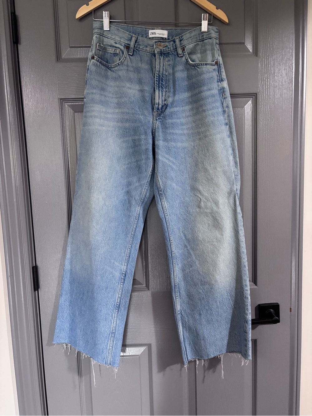 Zara Light Blue Wide Leg Jeans with Raw Hem